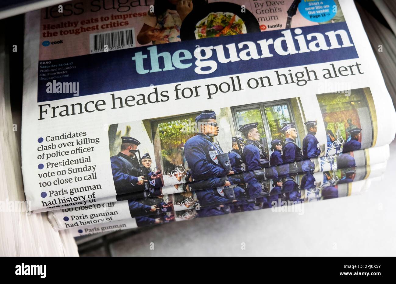 'France heads for poll on high alert' Guardian newspaper headline front page French election article on 22 April 2017 London England UK Great Britain Stock Photo