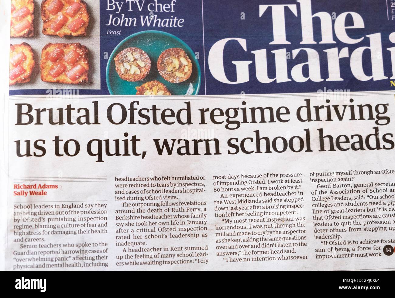 'Brutal Ofsted regime driging us to quit, warn school heads' Guardian newspaper headline Stock Photo