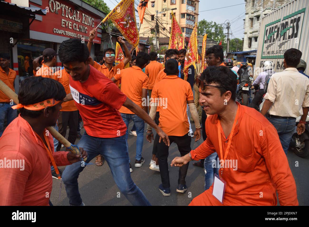 March 30, 2023, Howrah, India. Hindu devotees hold the idol of Lord Ram ...
