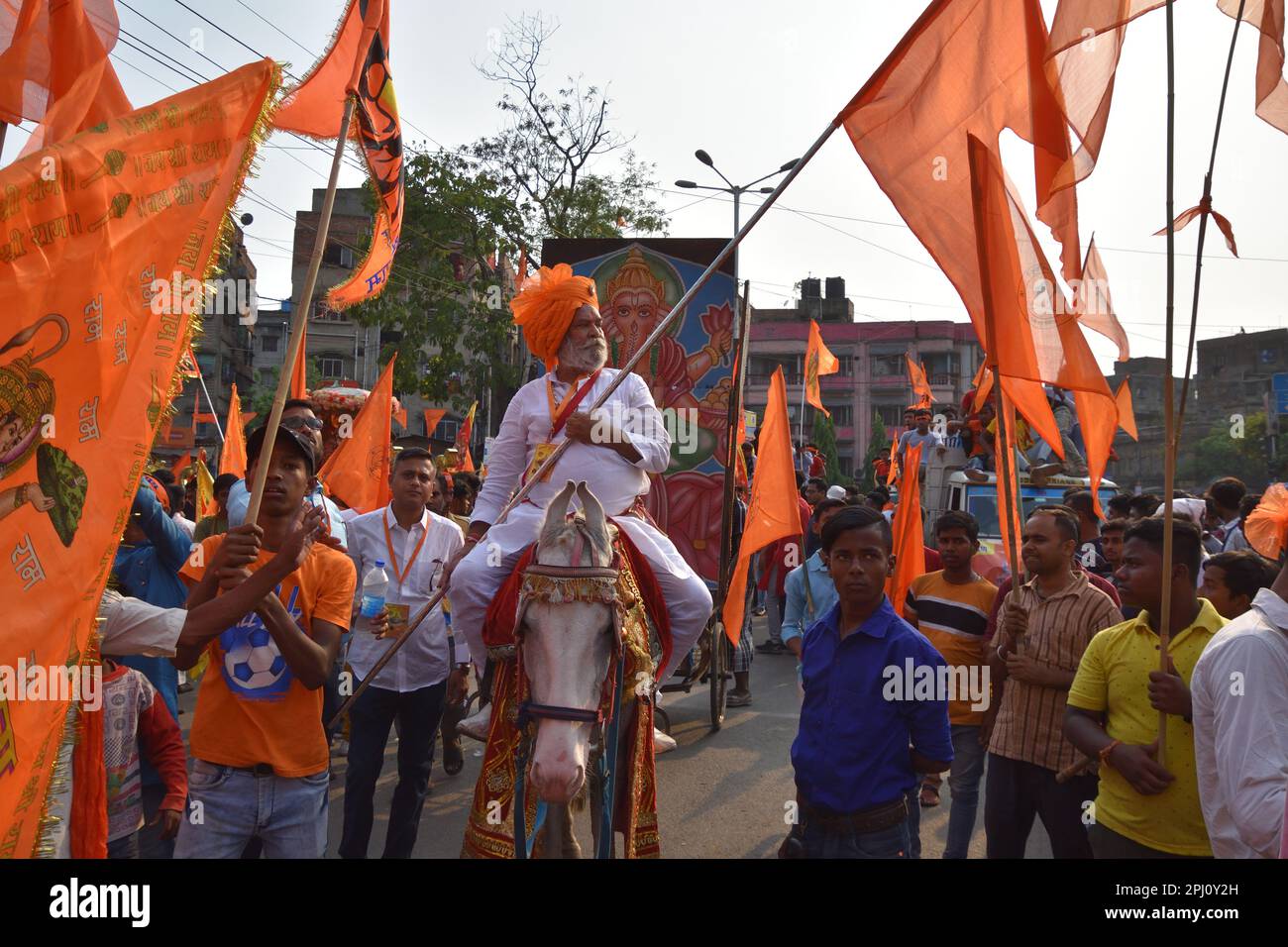 March 30, 2023, Howrah, India. Hindu devotees hold the idol of Lord Ram ...