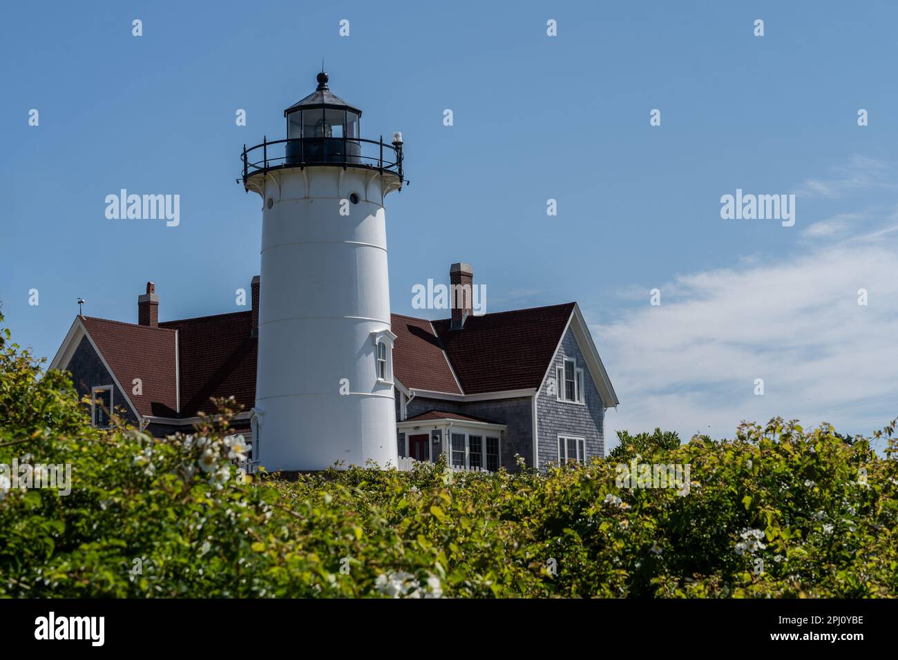 Falmouth, Massachusetts, Cape Cod, July 11 , 2022: Beautiful view of Nobska Lighthouse overlooking Buzzard Bay in Falmouth, Massachusetts Stock Photo