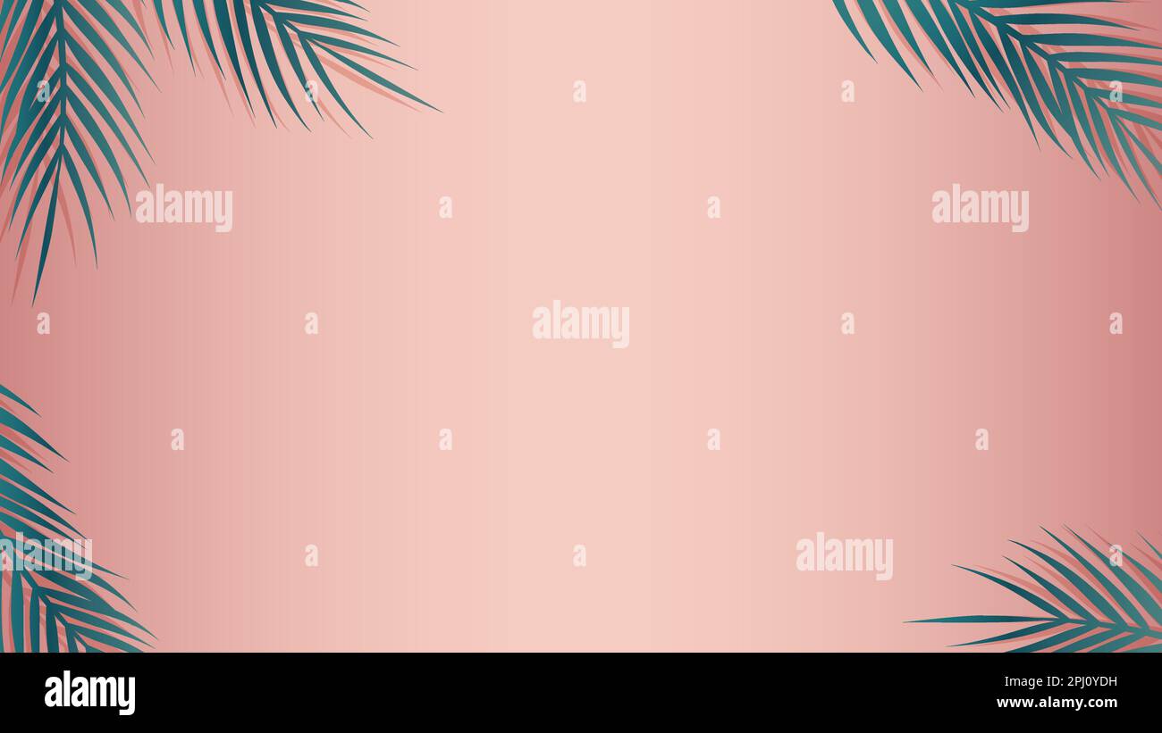 Exotic tropical summer pink background with palm leaves. Botanical warm pastel wall design with foliage frame and copy space. Stock Vector