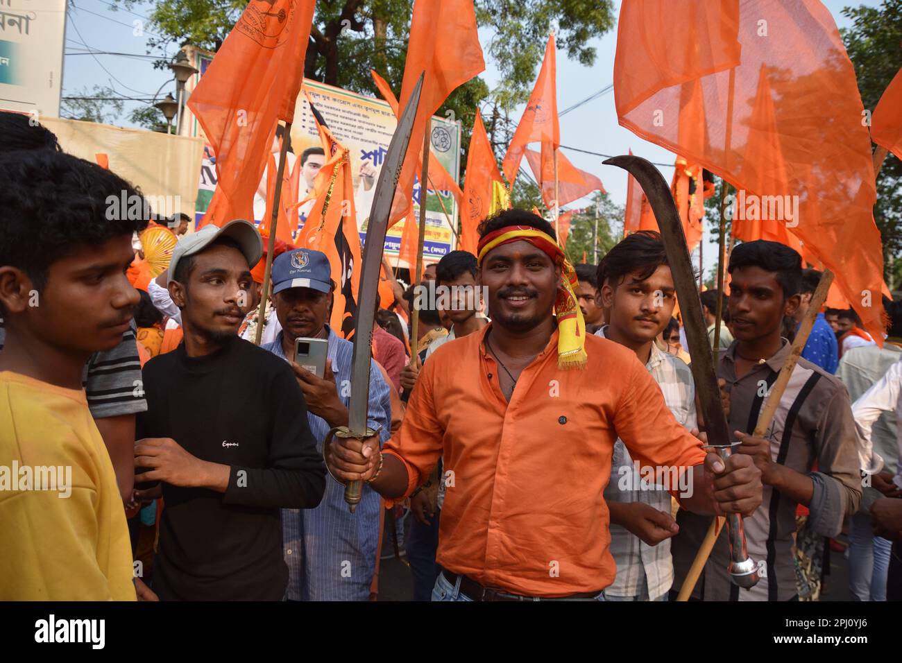 March 30, 2023, Howrah, India. Hindu devotees hold the idol of Lord Ram ...