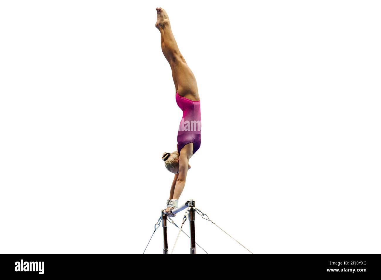 female gymnast exercise on uneven bars isolated on white background