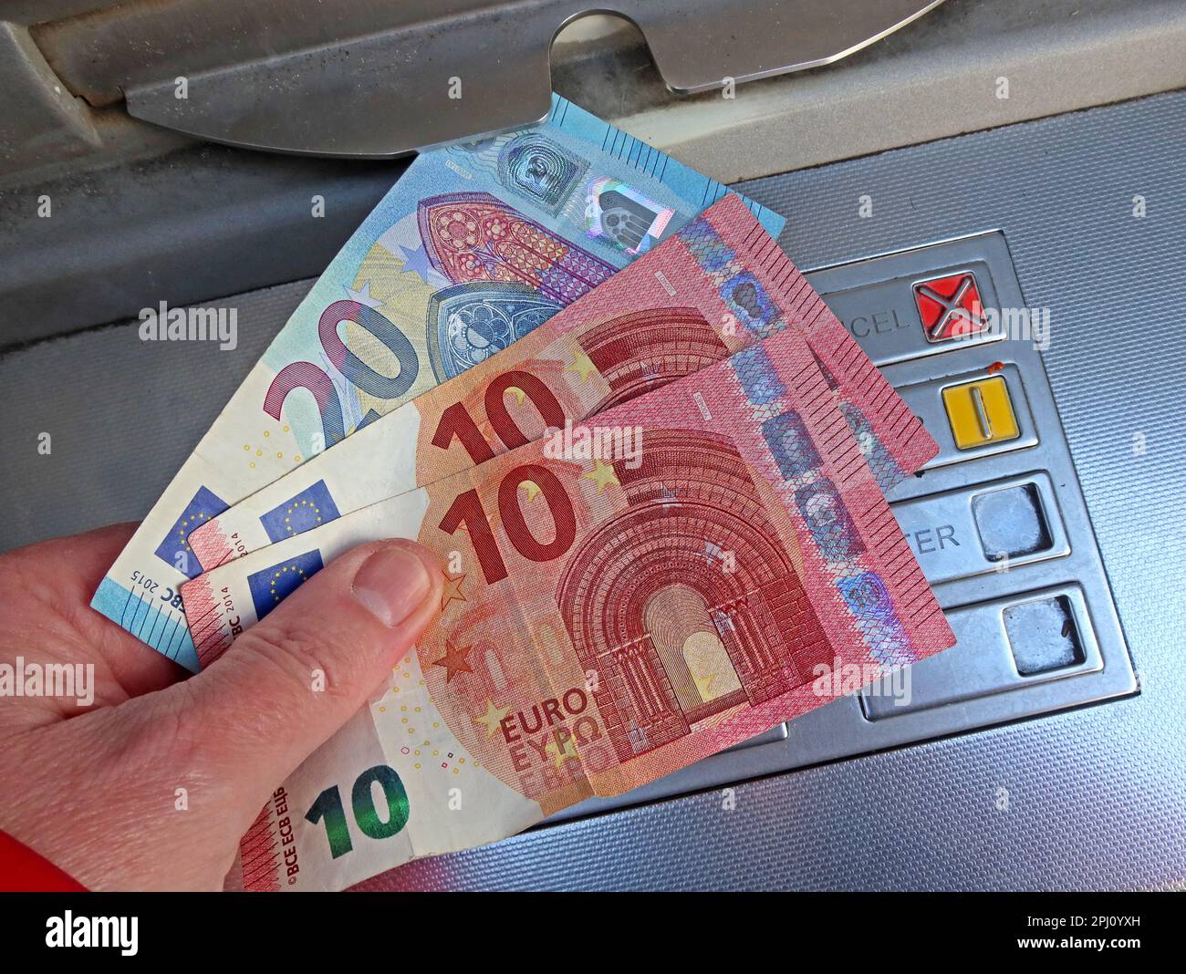 EU Euro notes, fresh from a cash machine, Dublin, Eire, Ireland Stock Photo