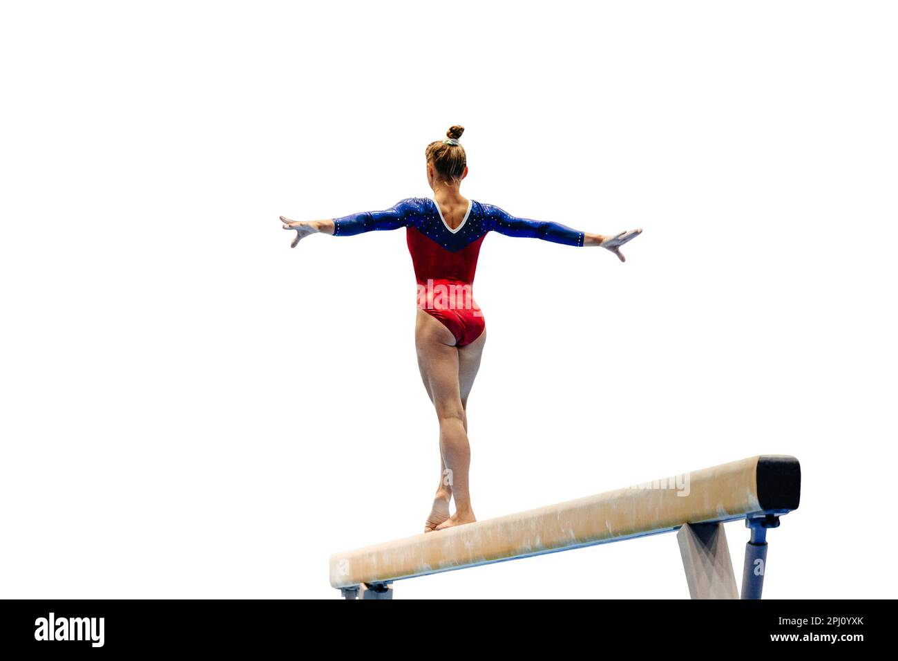 back female gymnast athlete balancing on balance beam gymnastics on white background, sports in summer games Stock Photo