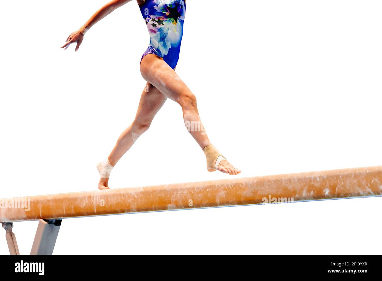 legs female gymnast exercise balance beam gymnastics on white background, sports included in summer games Stock Photo