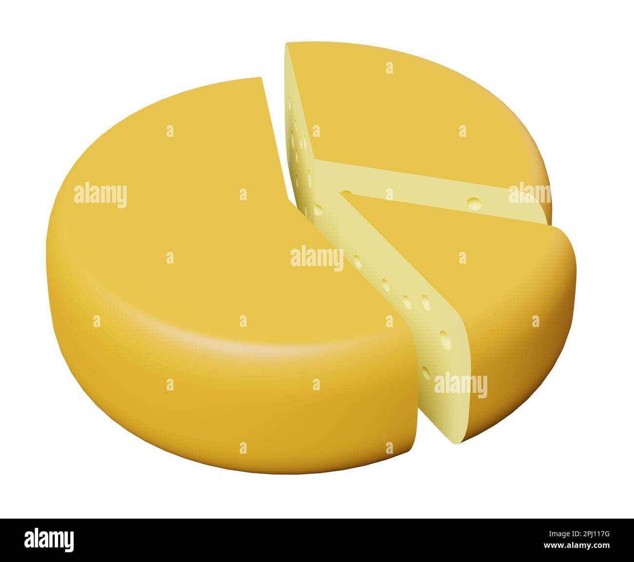 Wheel of cheese cut into pieces, 3d rendering. Cheese, dairy products