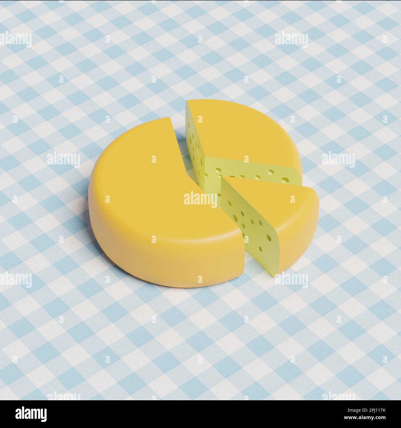 Stylized cheese wheel cut into slices, 3d rendering. Large wheel of