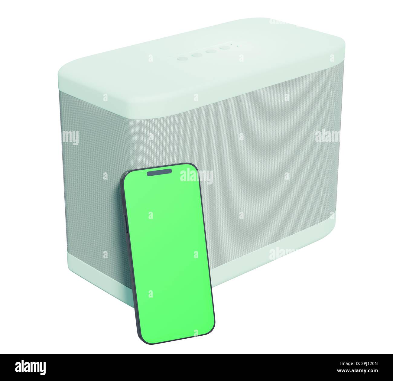 Portable wireless audio speaker system next to a modern smartphone with