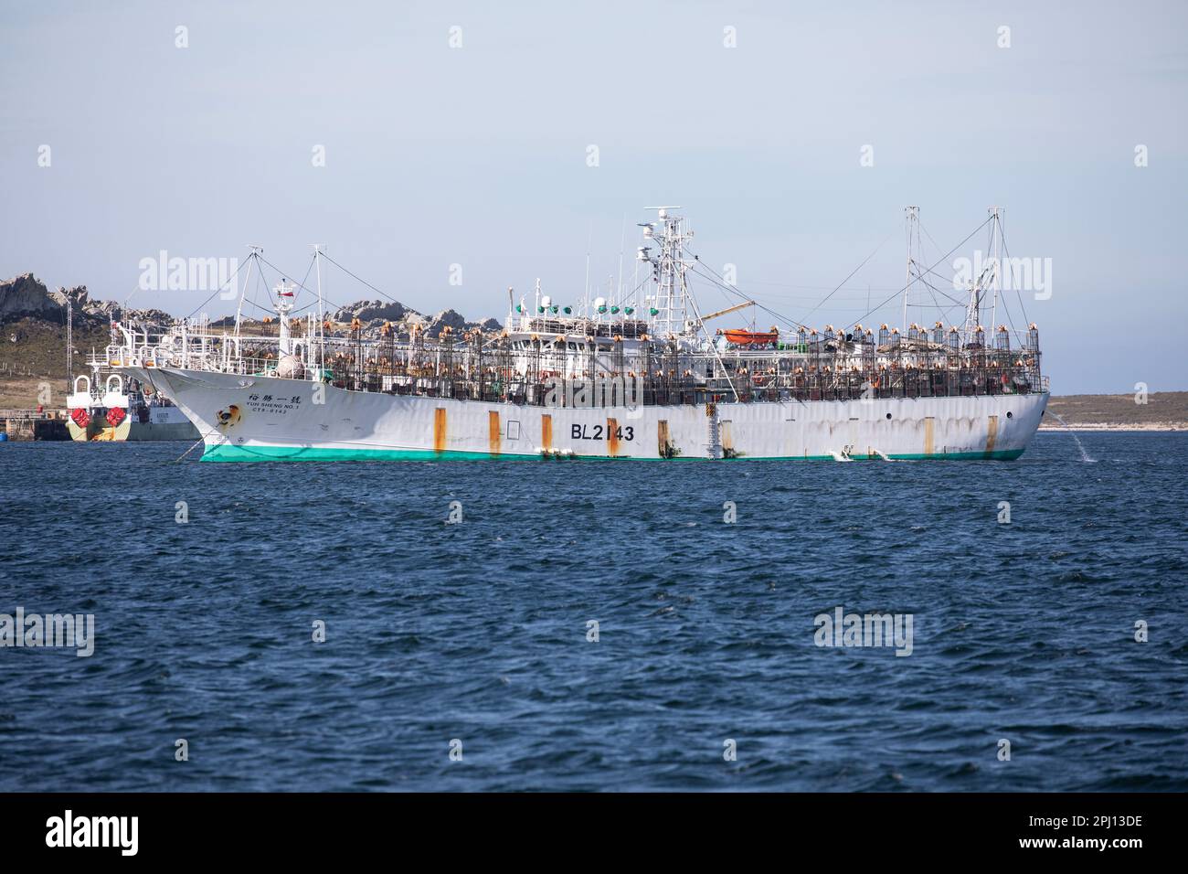 The Juh Sheng No1, a fishing boat registered in Taiwan, built in 2018, and seen in Stanley Harbour, Falkland Islands. Stock Photo