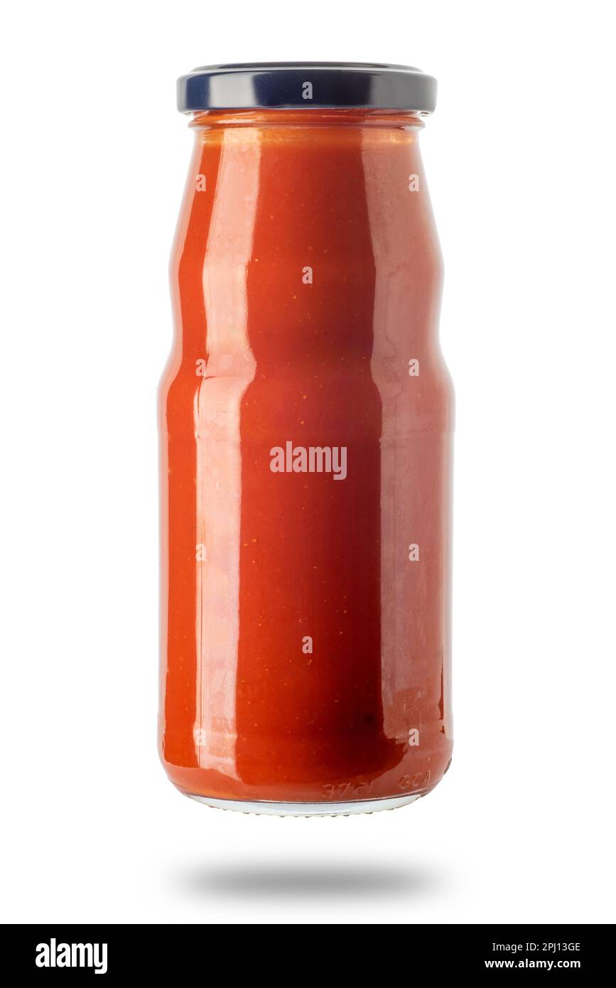 Tomato sauce in glass bottle isolated on white with clipping path