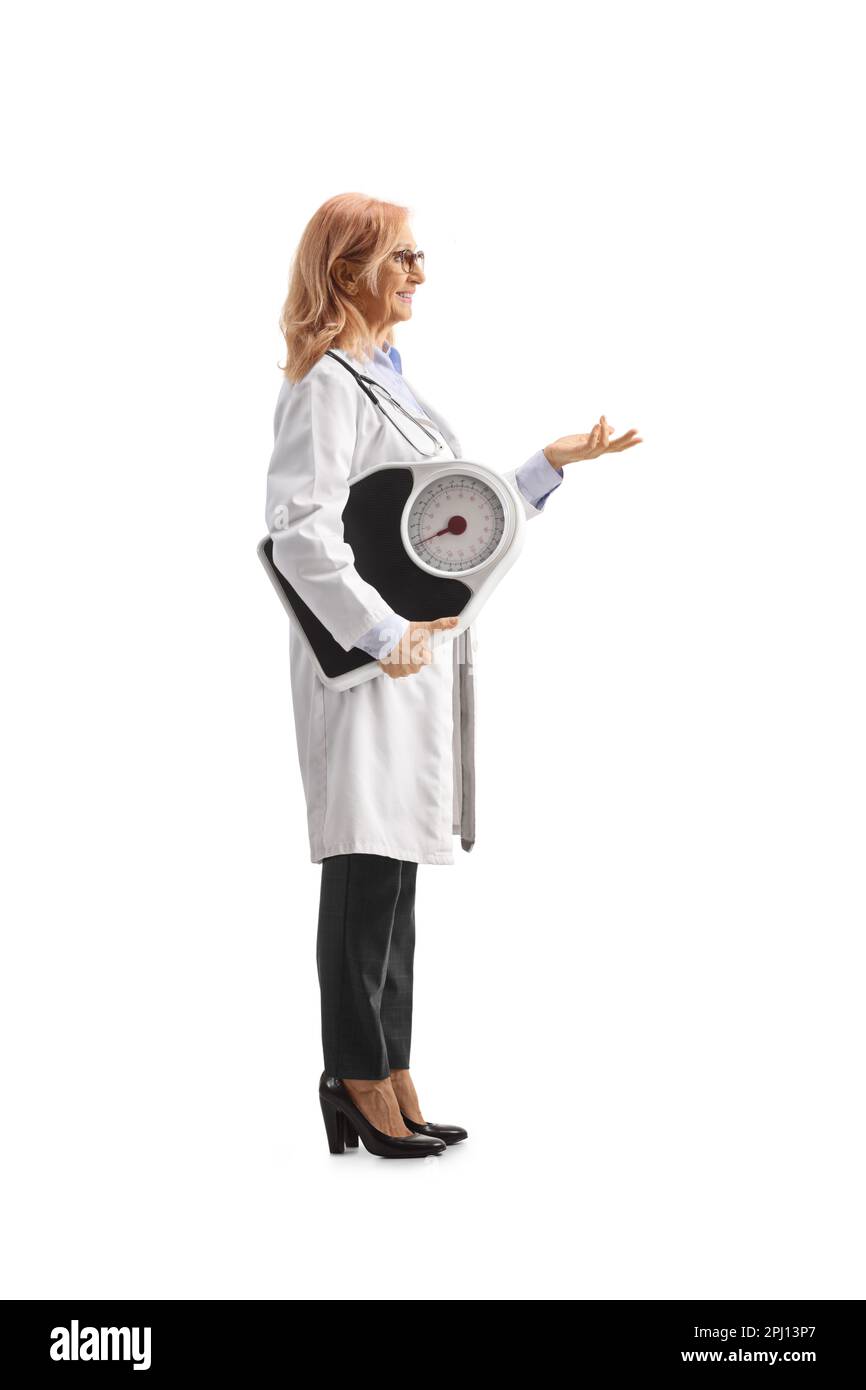 https://c8.alamy.com/comp/2PJ13P7/full-length-profile-shot-of-a-female-doctor-holding-a-weight-scale-and-gesturing-with-hand-isolated-on-white-background-2PJ13P7.jpg