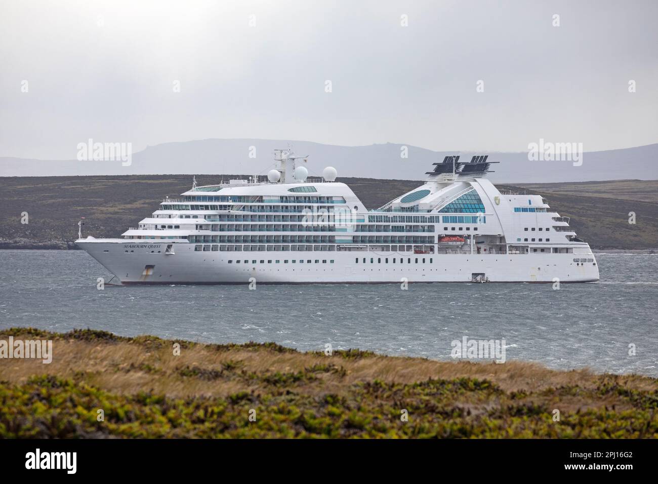 The Seabourn Quest, a Cruise Ship built Italy in 2011, in Stanley Harbour, Falkland Islands. Stock Photo