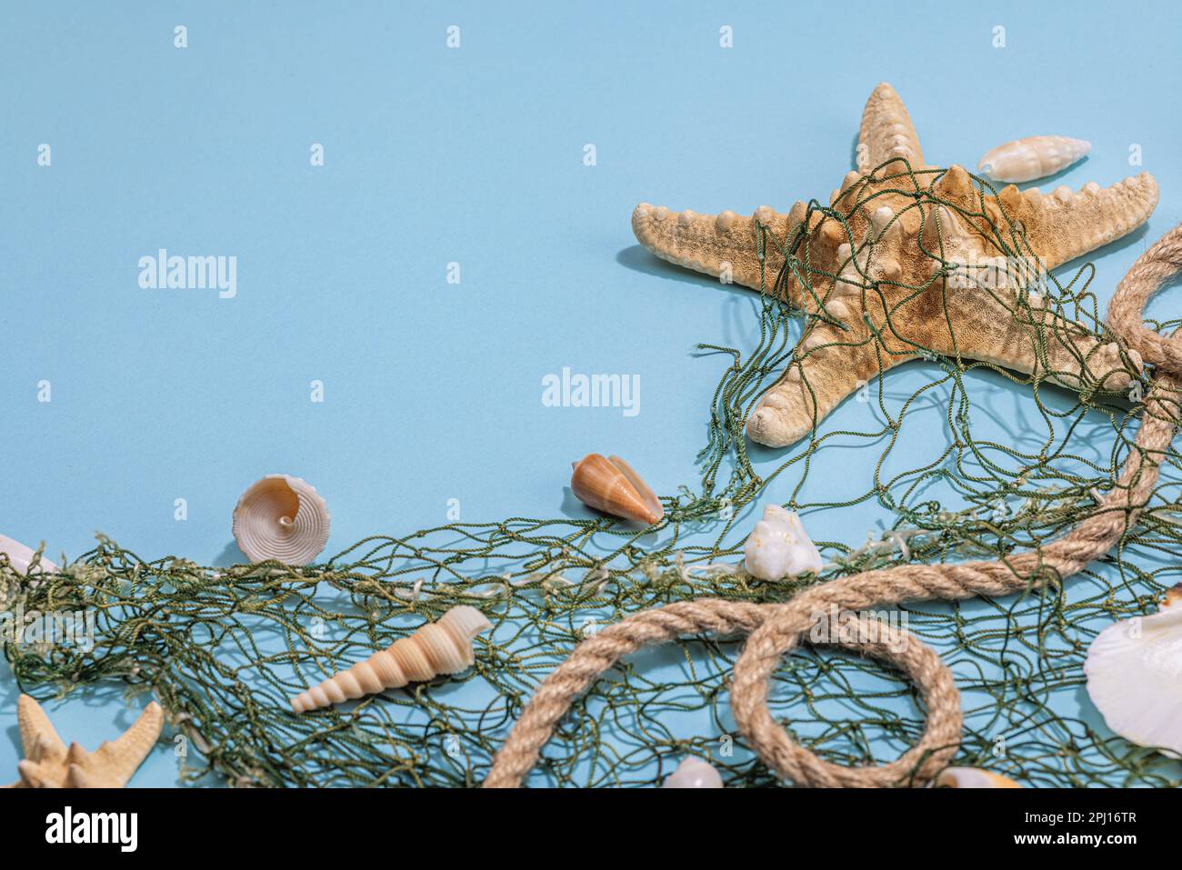 Blue nautical background with sea shells, starfishes and fishing net ...