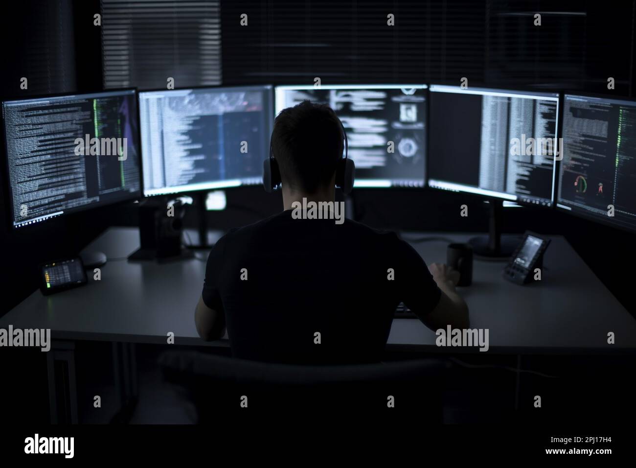 Programmer working on computers with multiple monitors, back view Stock ...
