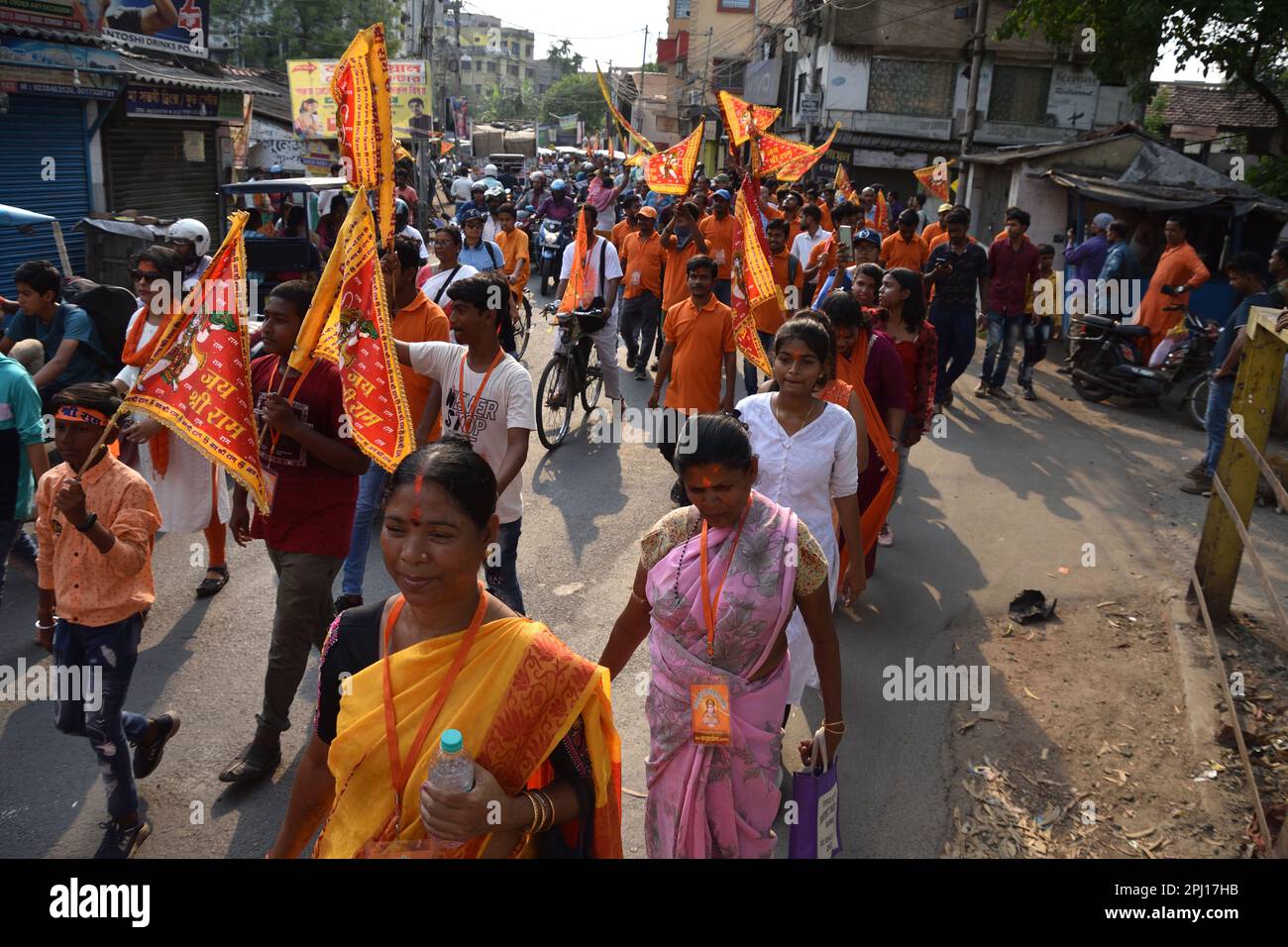 March 30, 2023, Howrah, India. Hindu devotees hold the idol of Lord Ram ...