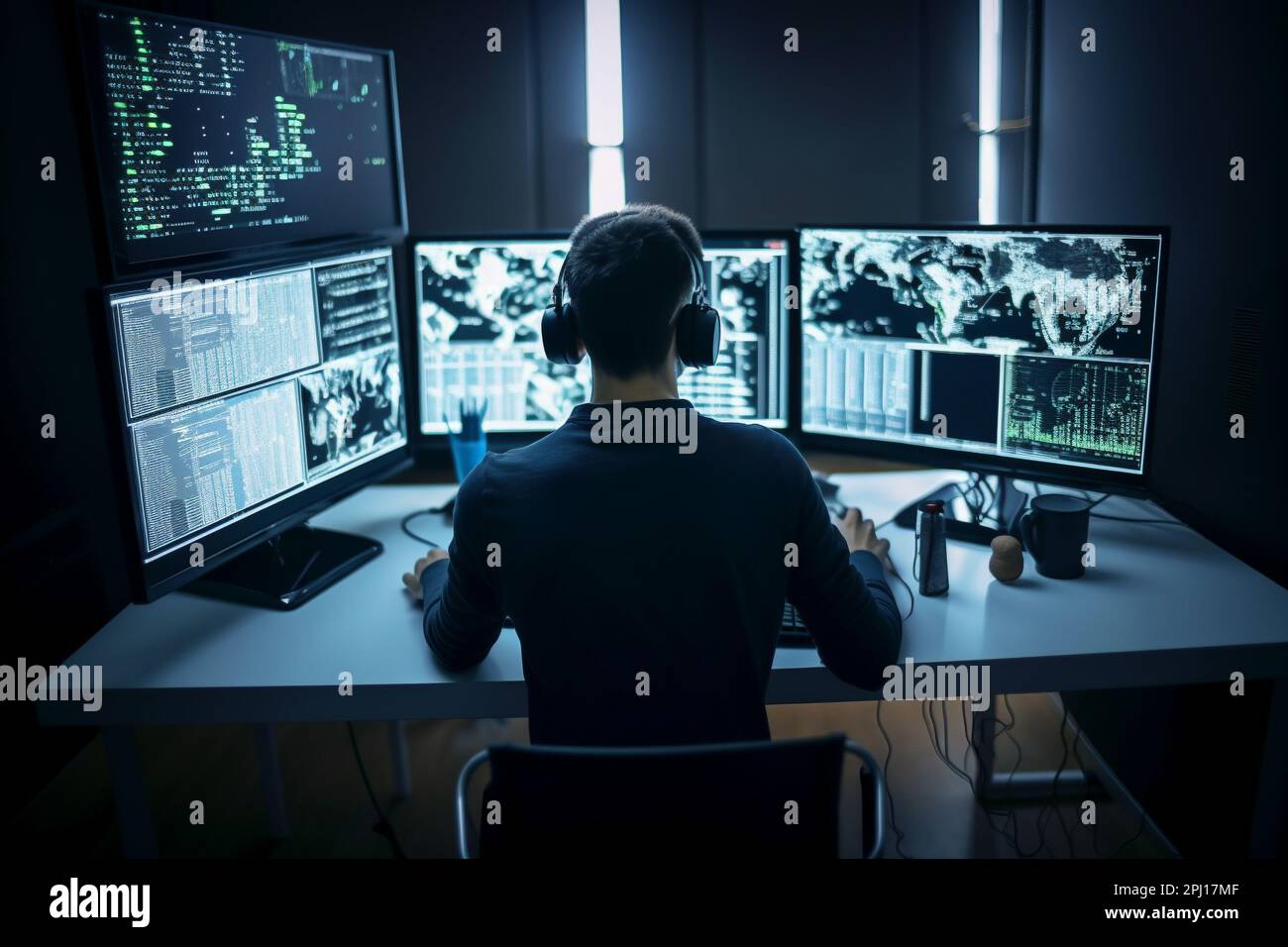Programmer working on computers with multiple monitors, back view Stock ...