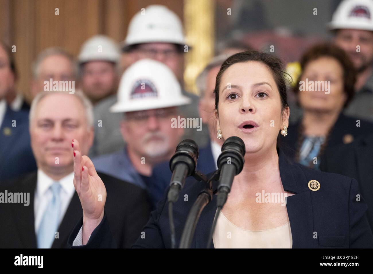 Washington, United States. 30th Mar, 2023. House Republican Conference Chairwoman Elise Stefanik, R-NY, speaks during a press conference after the House passed H.R.1, or The Low Energy Costs Act, in the Rayburn Room at the U.S. Capitol in Washington, DC on Thursday, March 30, 2023. Photo by Bonnie Cash/UPI Credit: UPI/Alamy Live News Stock Photo
