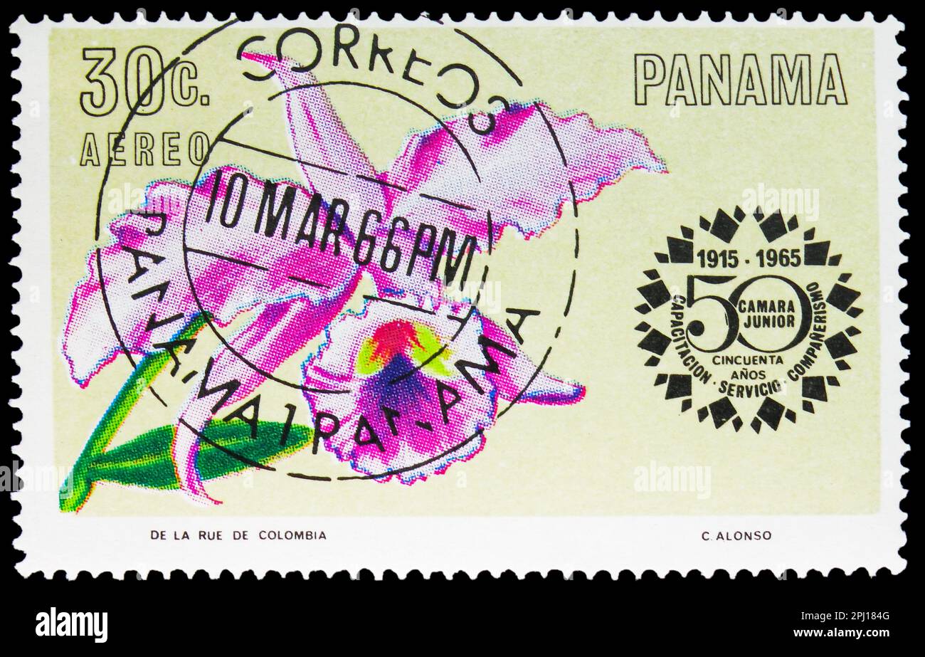 MOSCOW, RUSSIA - MARCH 25, 2023: Postage stamp printed in Panama shows Sobralia panamensis, Flowers: Chamber of Commerce, 50th Anniversary serie, circ Stock Photo