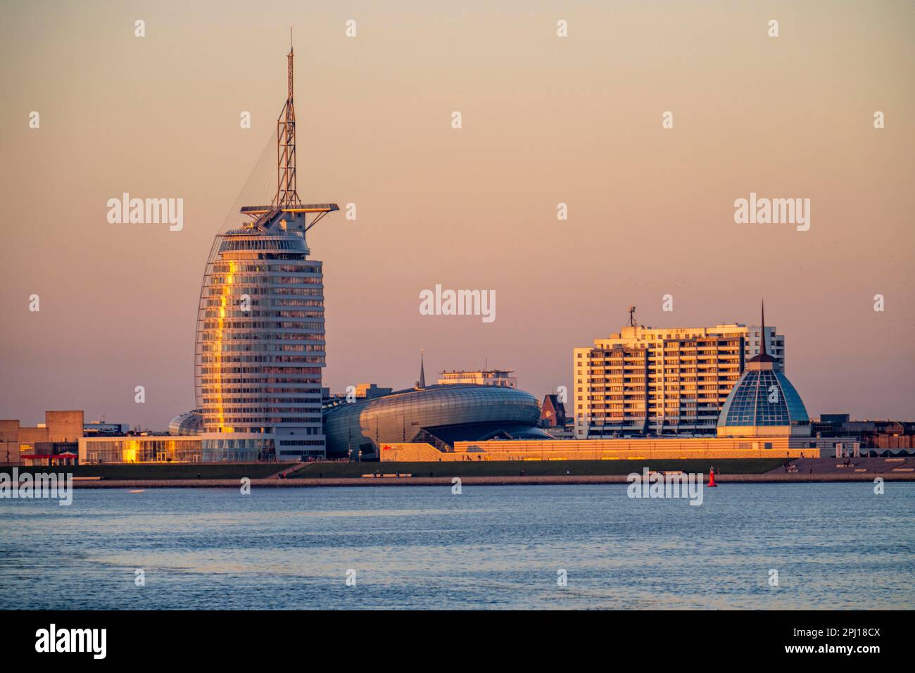 Skyline of Bremerhaven, seen over the Weser, Atlantic Sail City Hotel, Klimahaus, skyscrapers at the Columbus Center, in Bremerhaven, Bremen, Germany, Stock Photo