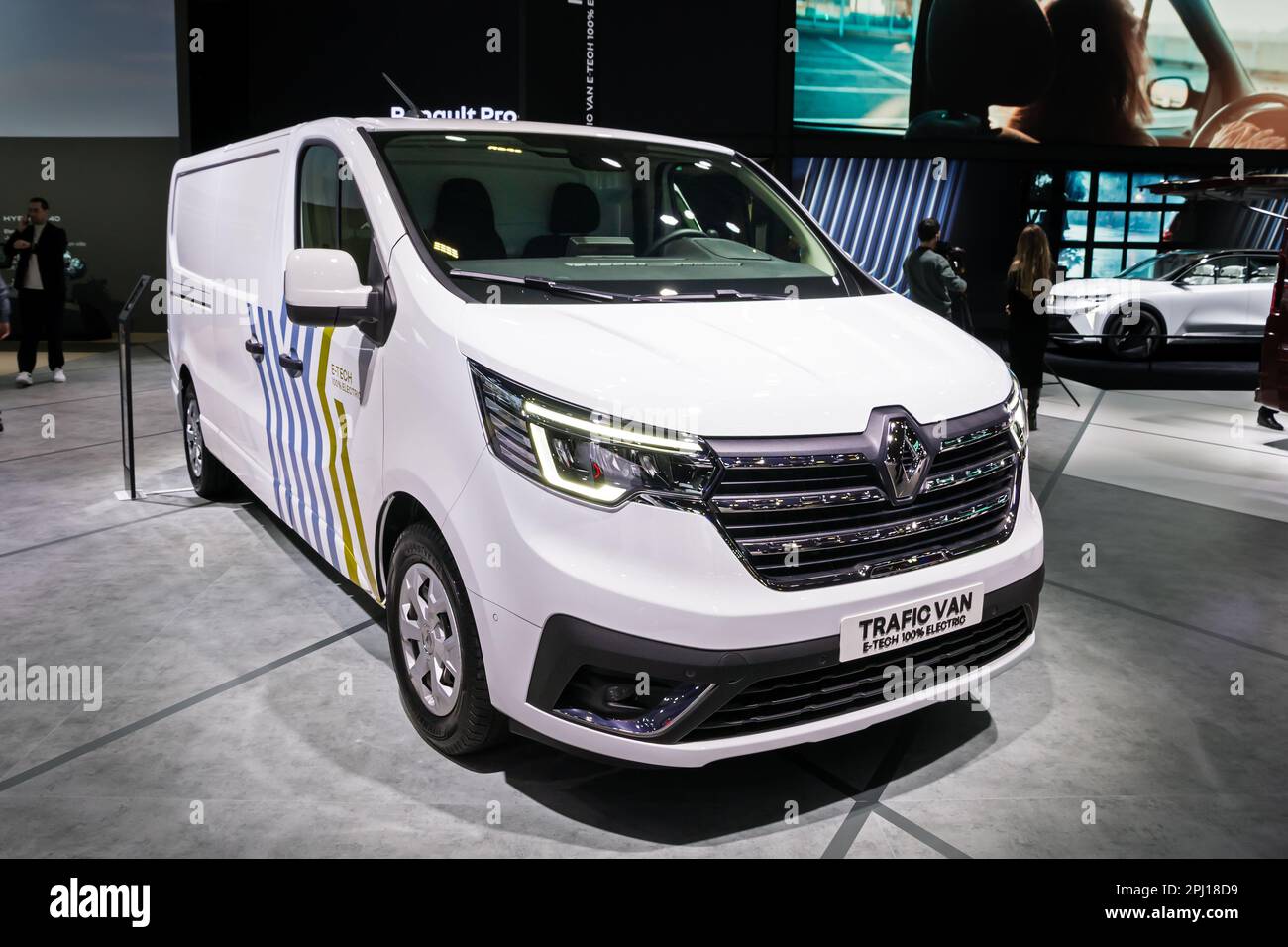 Renault Trafic E-Tech electric panel van showcased at the Brussels Autosalon European Motor Show. Brussels, Belgium - January 13, 2023. Stock Photo