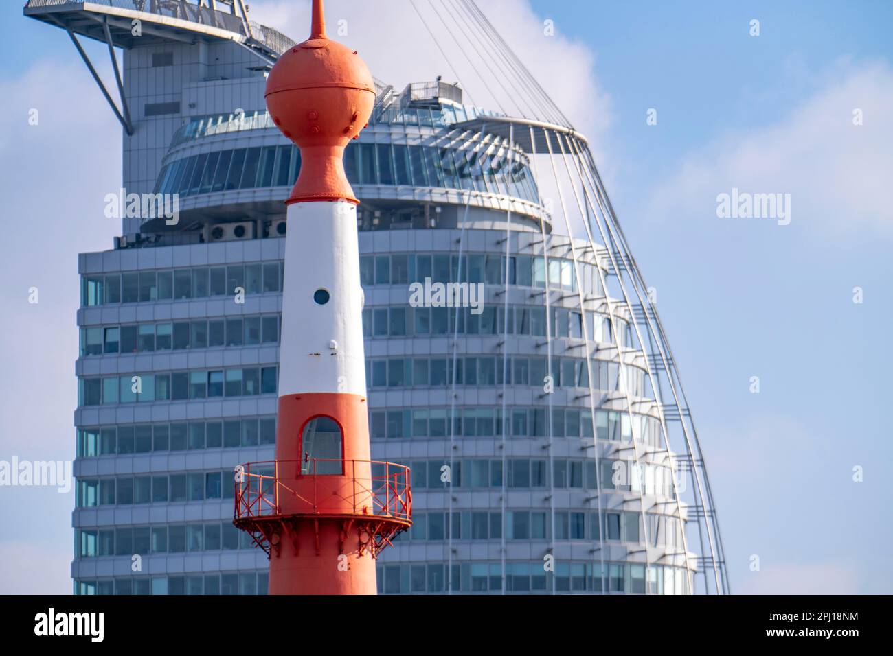 Skyline of Bremerhaven, Atlantic Sail City Hotel high-rise, front light ...