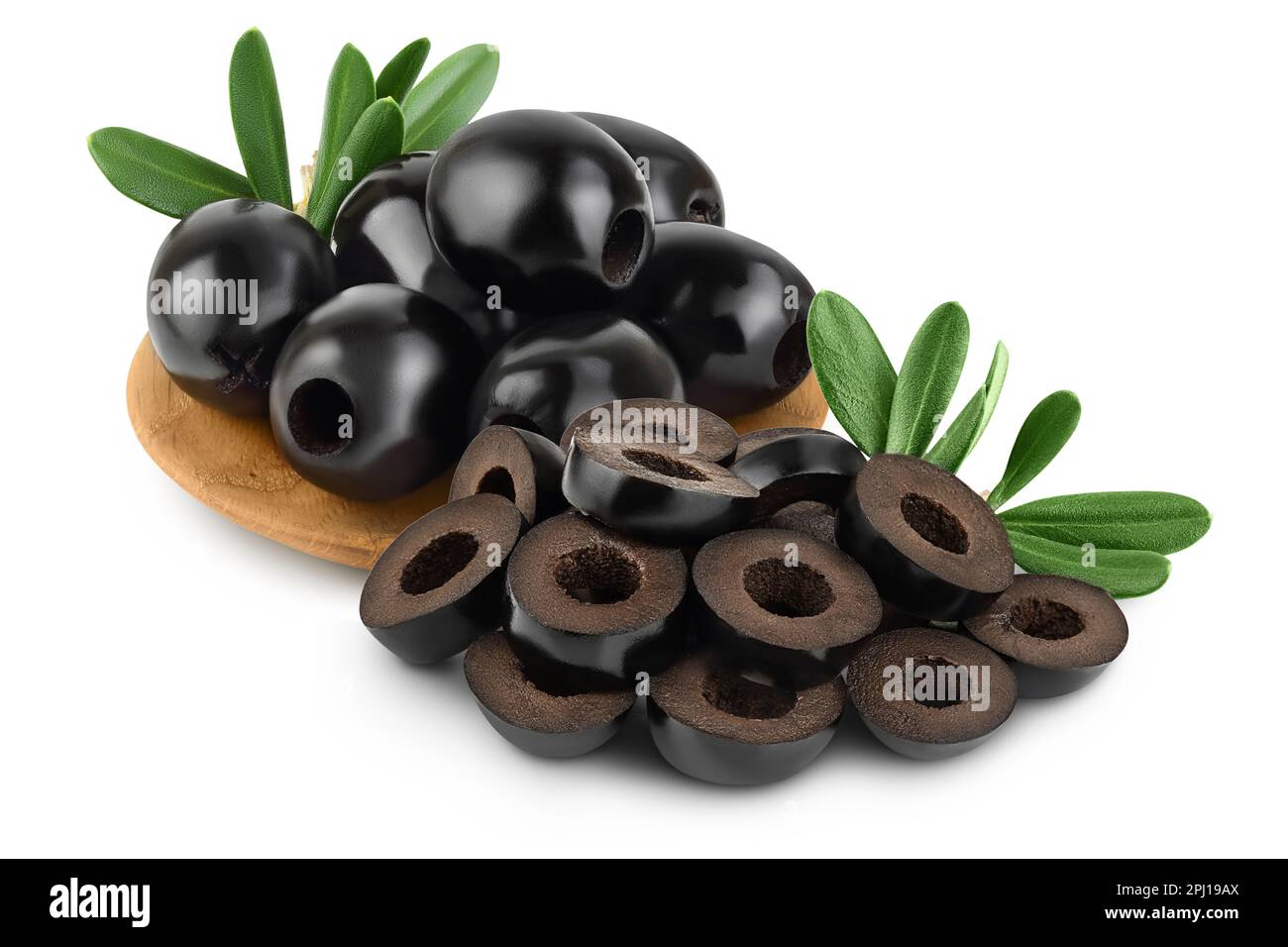 Black olive slices isolated on a white background with full depth of