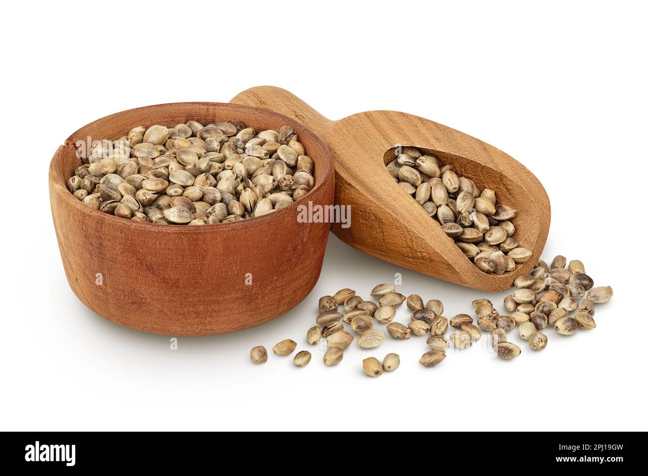 Hemp seeds in wooden bowl isolated on white background with full depth ...