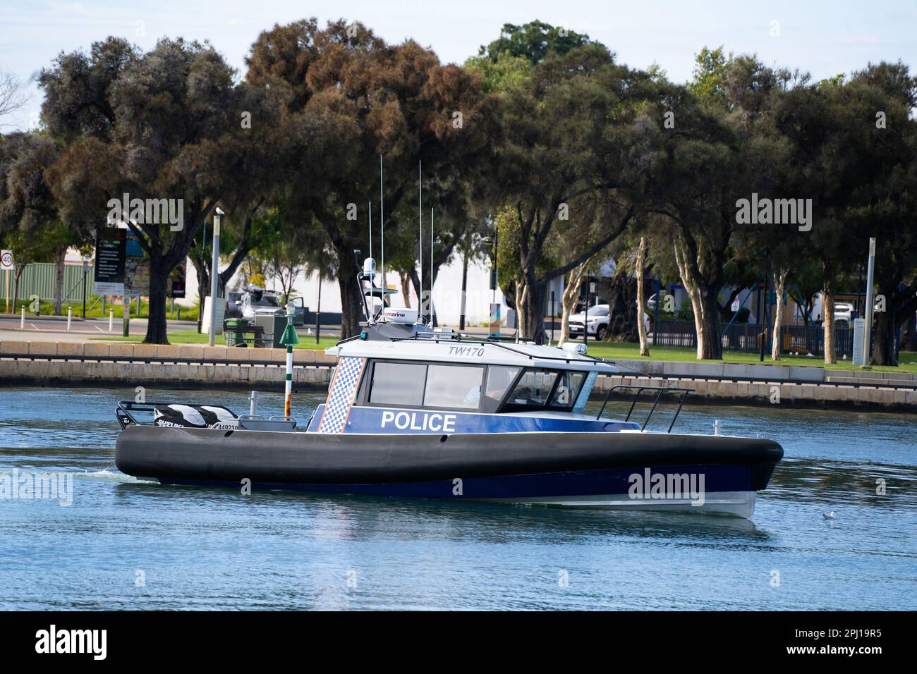 Police patrol boat at  Mandurah and its beautiful waterways  on the South West coast  of Western Australia.. Stock Photo