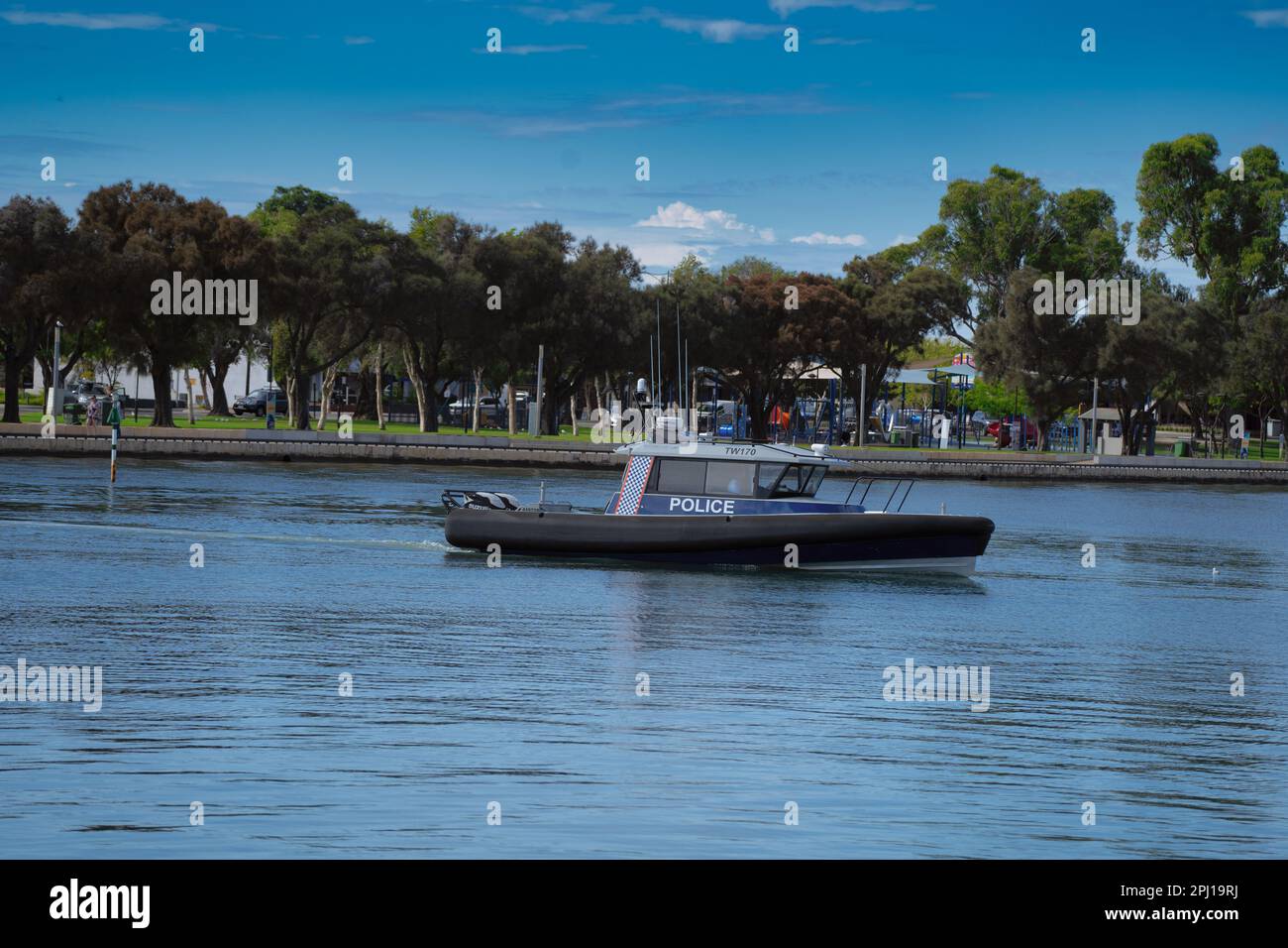Police patrol boat at  Mandurah and its beautiful waterways  on the South West coast  of Western Australia.. Stock Photo