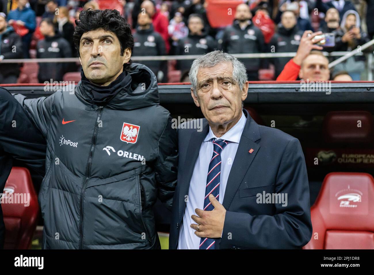Warsaw, Poland. 27th Mar, 2023. Joao Costa (L) assistant coach of Poland and Fernando Santos (R) coach of Poland are seen during the UEFA EURO 2024 qualifying match between Poland and Albania at PGE Narodowy Stadium. (Final score; Poland 1:0 Albania) (Photo by Mikolaj Barbanell/SOPA Images/Sipa USA) Credit: Sipa USA/Alamy Live News Stock Photo