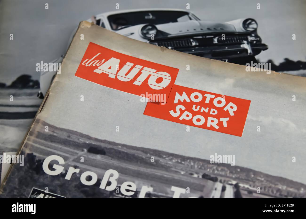 Viersen, Germany - March 9. 2023: Closeup of german vintage car paper magazine cover Auto, Motor und Sport from early 60s, 1961 Stock Photo