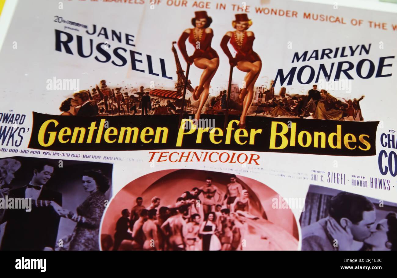 Viersen, Germany - March 9. 2023: Closeup of vintage hollywood movie poster Gentlemen prefer blondes with Marilyn Monroe from 1953 Stock Photo