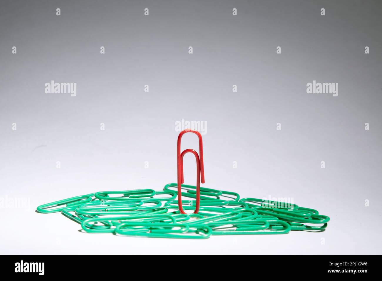 Single red paperclip with bunch of green paperclip on white background