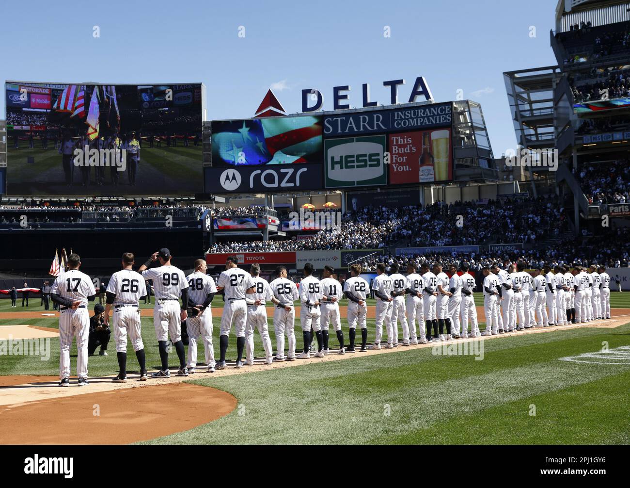 Bronx, United States. 30th Mar, 2023. New York Yankees players line up