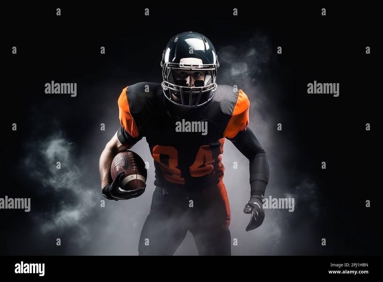 American football player on a dark background in smoke in black and