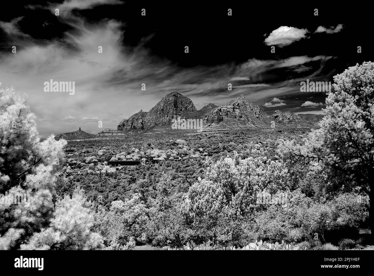 Infrared Black and white country mountains surrounding Sedona Arizona