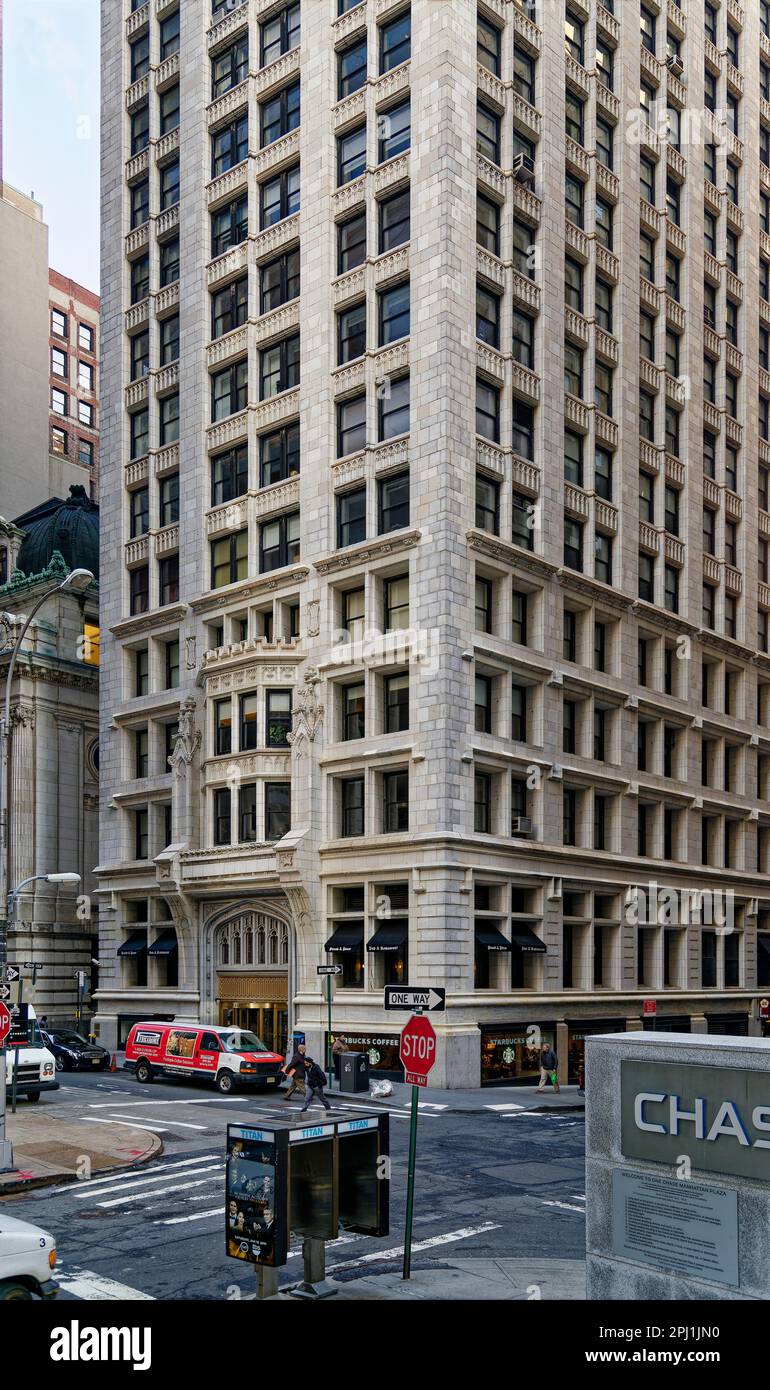 55 Liberty Street, Liberty Tower, is sheathed in white terra cotta on three sides. The former Sinclair Oil Building has been converted to apartments. Stock Photo
