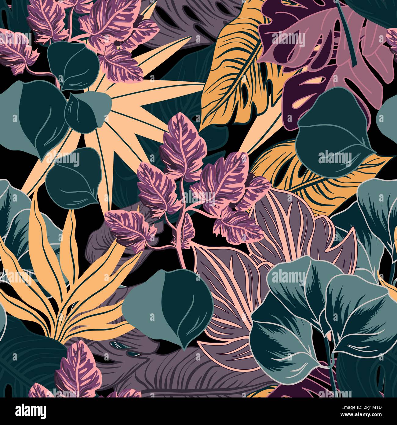 Seamless botanical tropical pattern with eucalyptus and monstera leaves vector illustration Stock Vector