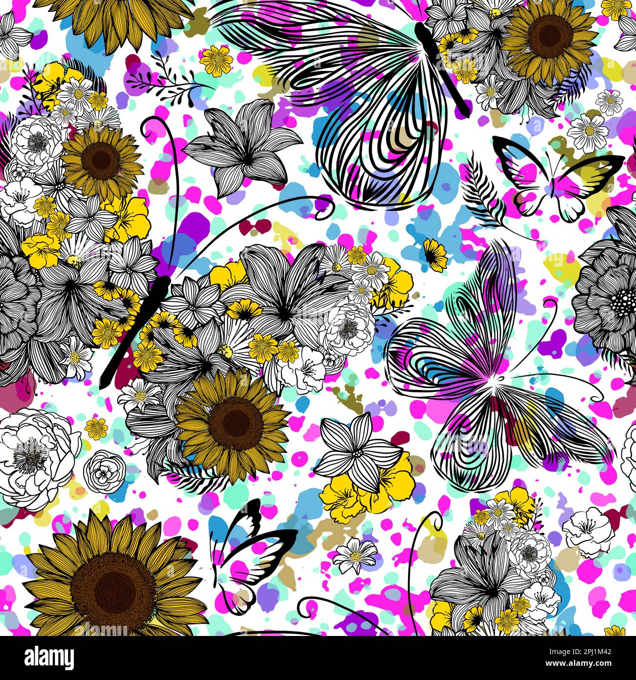 Floral seamless background with butterflies. Vector illustration Stock ...