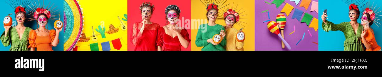 Collage of women with painted skull on faces, maracas and decorations on colorful background Stock Photo