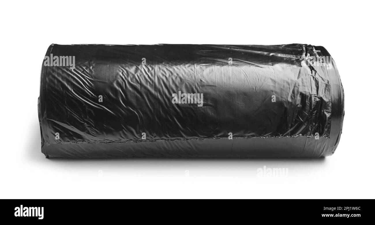 Black roll of garbage bags isolated on white background Stock Photo Alamy