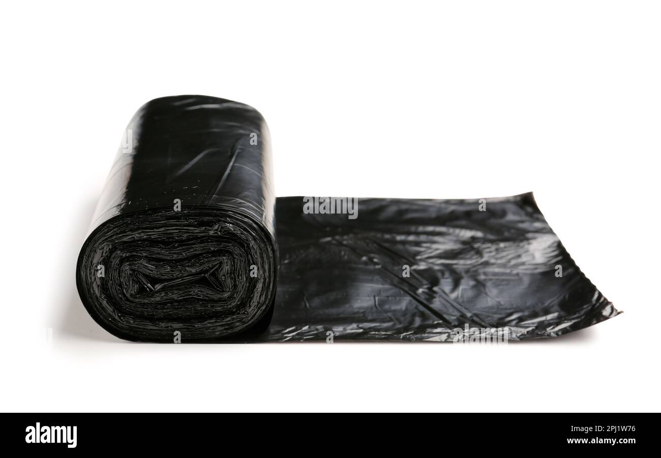 Black roll of garbage bags isolated on white background Stock Photo - Alamy