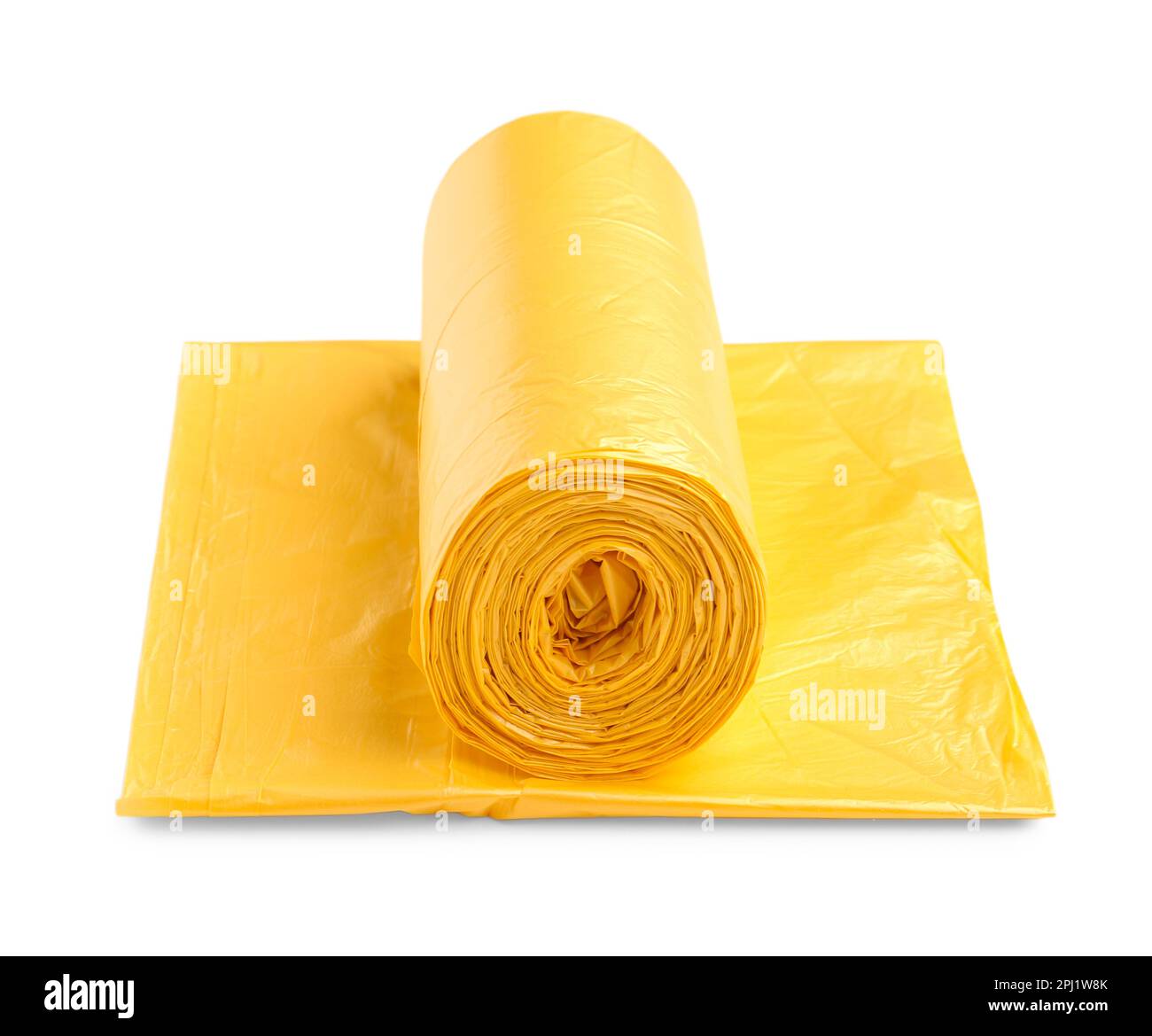 Rolls Of Yellow Trash Bags On White Background Stock Photo