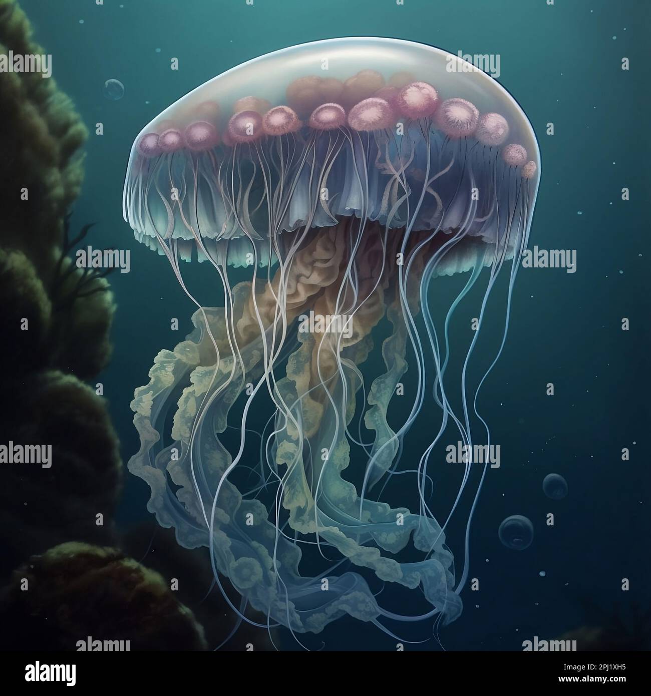 Glowing jellyfish swim deep in blue sea. White Jellyfish dancing in the ...