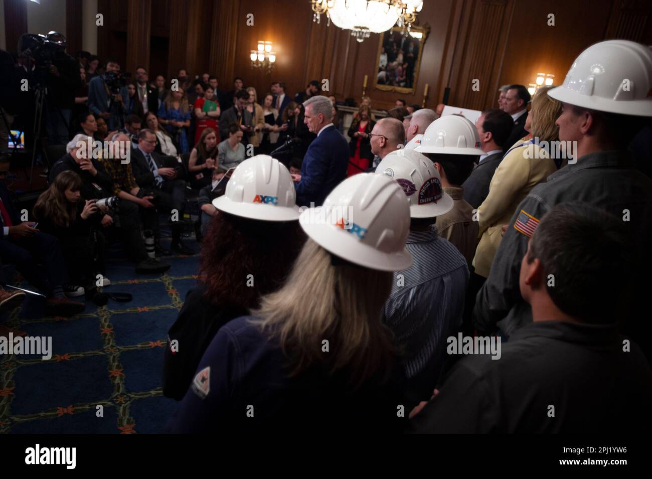 Joined by energy workers from Encino Energy, Speaker of the US House of Representatives Kevin McCarthy (Republican of California) offers remarks during press conference post passage of H.R. 1, Lower Energy Costs Act, at the US Capitol in Washington, DC, Thursday, March 30, 2023. Credit: Rod Lamkey/CNP Stock Photo