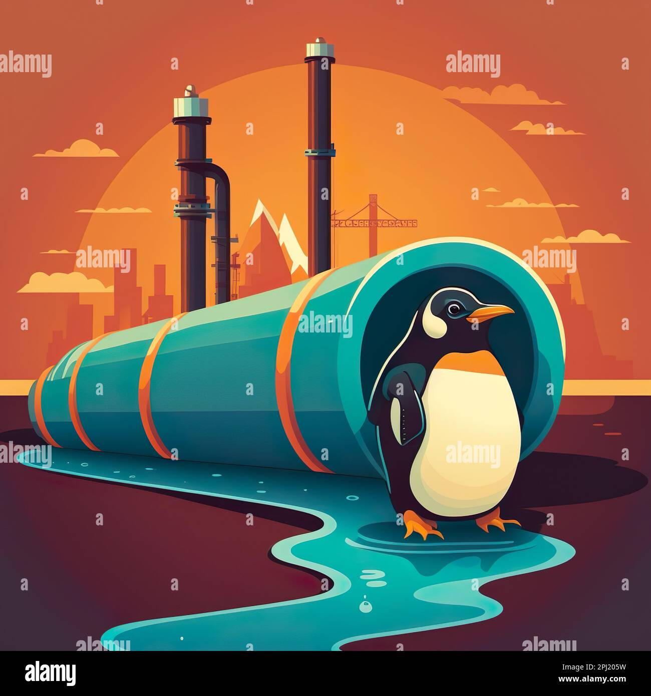 Global warming and Climate Change concept. Sad Penguin due to melting ice. Suitable for poster, cover, website, social media banner. vector Stock Photo