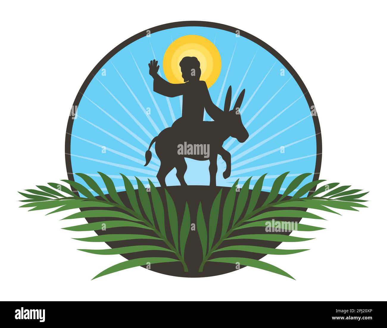 Round button with palm branches and silhouette scene of Jesus riding a donkey to commemorate Palm Sunday. Flat style design over white background. Stock Vector