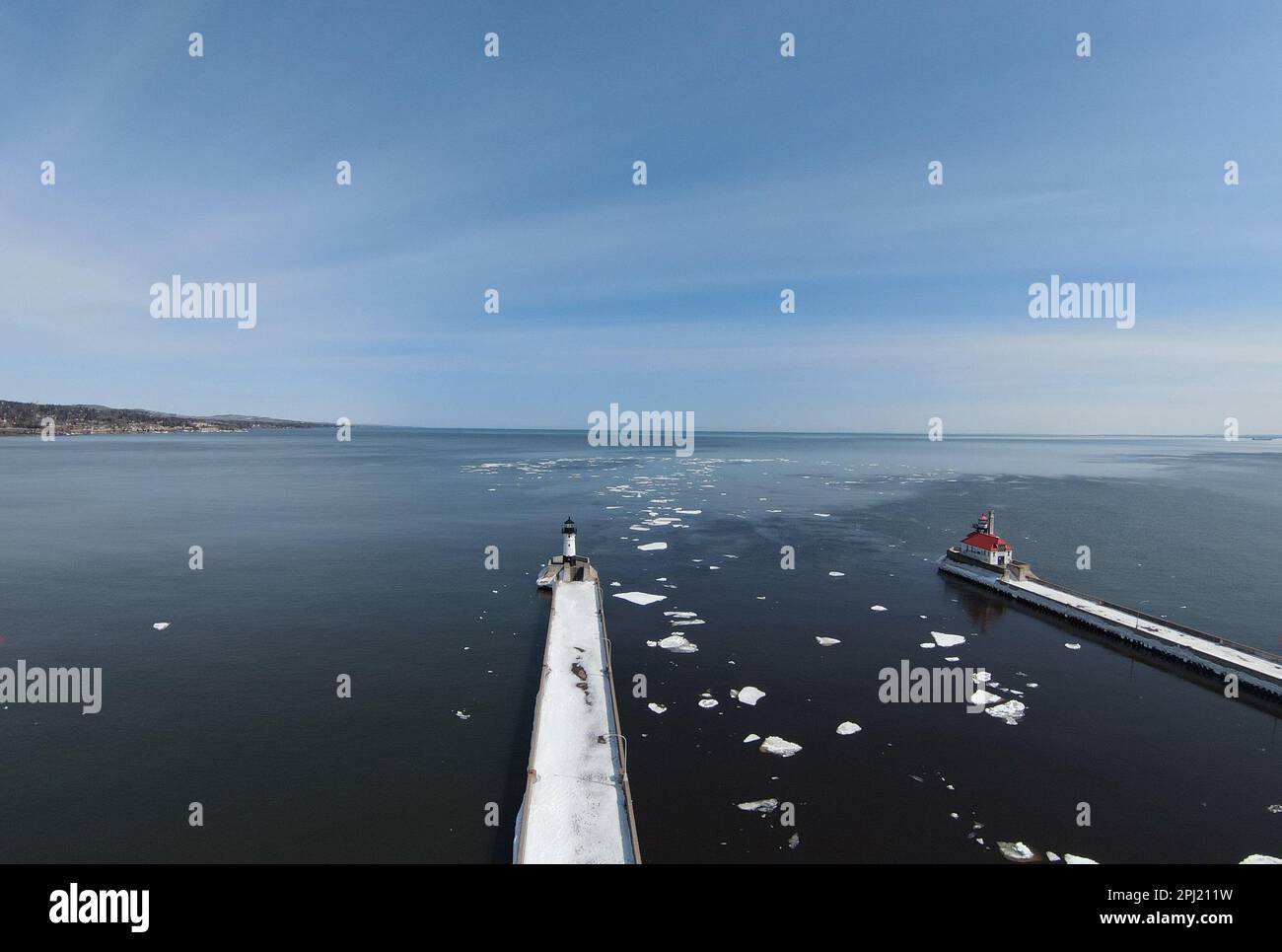 Lake Superior and lighthouses from Duluth Shoreline. Stock Photo